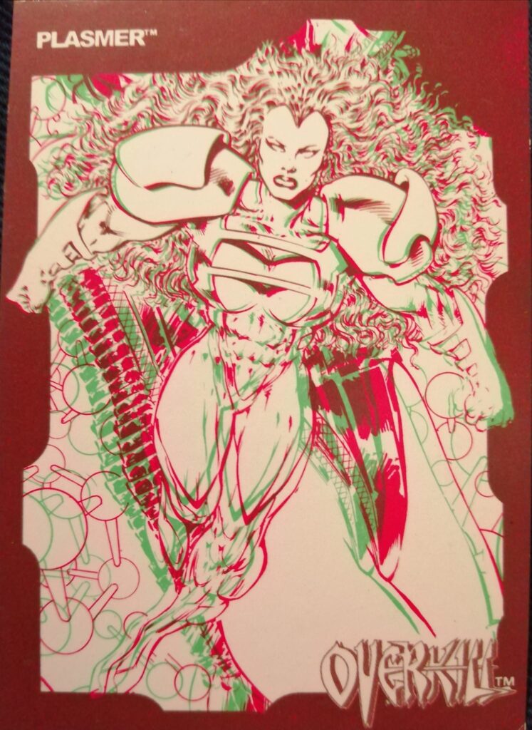 Plasmer featured as part of a set of 3D Trading Cards drawn by Bryan Hitch, given away with Overkill Issues 43 – 45, a sales-booster to accompany the switch to a monthly schedule at the end of 1993