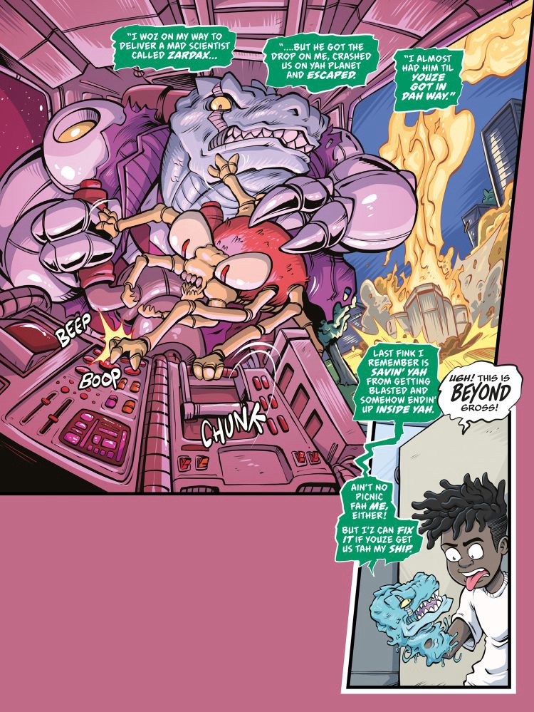 Rex Power – Invasion of the Fear Bugs written by RAMZEE, art by Claude TC, lettered by , is on sale in all good bookshops from 12th March 2026 | Published by Rebellion | 144 Pages | ISBN: 978-1837865222