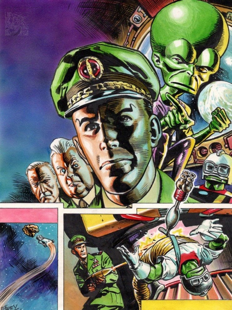Oliver Frey’s original Dan Dare cover art for CRASH 32. “When this came out, I spent most of my time reading comics, forest mountain biking, and ZX Spectrum games, I clearly remember this cover,” says “Paul”, the current owner, who posted it to Comic Art Fans. “Oli Frey bought dynamic covers to Crash vs. the traditional computing magazines. He also drew Dan Dare in the New Eagle for a while, so he was familiar with the character when he drew for this video game magazine cover. It feels like he drew this to cover to touch on the main lore of the comic, in a faster/more dynamic style than he normally would for the character.”