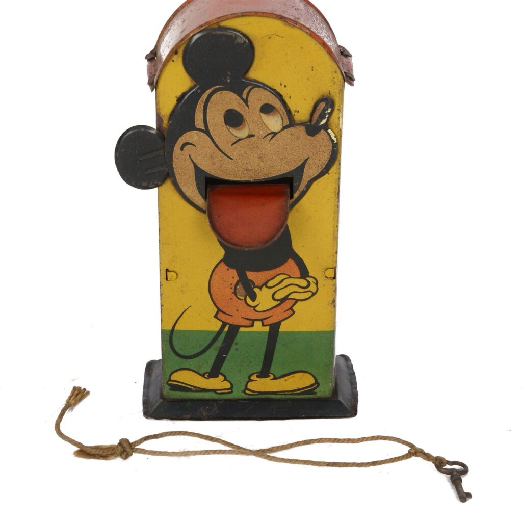 1930s Saalheimer & Strauss Mickey Mouse 'Smile Please' mechanical tin plate money box