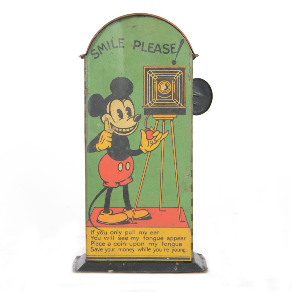 1930s Saalheimer & Strauss Mickey Mouse 'Smile Please' mechanical tin plate money box