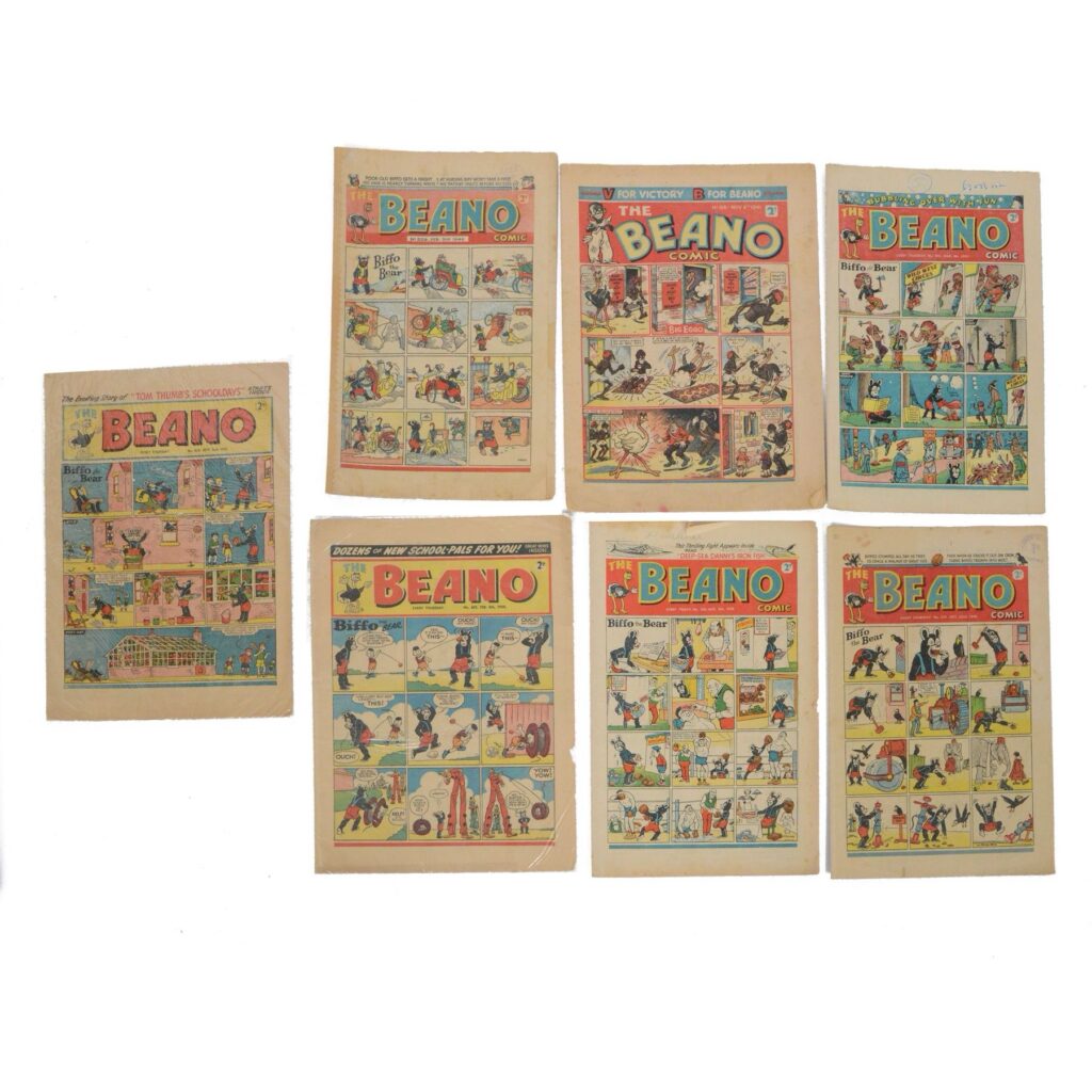 Seven 1940s and 50s The Beano comics, including 1941 issue no.166 propaganda war issue, with Big Eggo black-out cover, 1948 issue no.329, 1949 issue no.368, 1949 issue no.379, 1950 issue no.398, 1950 issue no. 424 and 1954 issue no. 603