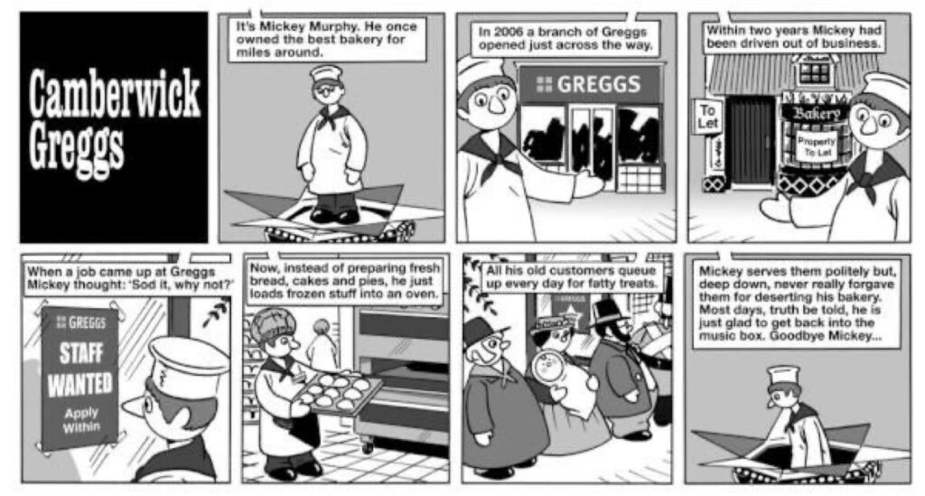 “Camberwick Greggs” ©️Barney Farmer and Luke Healey, for VIZ. 
Drunken Baker by Barney Farmer is published by Wrecking Ball Press