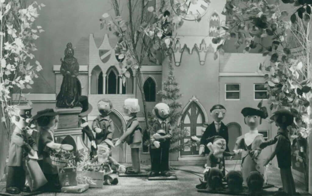 Newcastle shop Fenwick first took the brave step to devote an entire shop window to festive animation in 1971, when they began their collaboration with the German-based One World Studio to recreate the popular children’s TV series Camberwick Green. With stop-motion puppets Captain Snort, Private Featherby and fan favourite Windy Miller began a festive window tradition that would continue for more than half a century. Read more on Hugh Life North