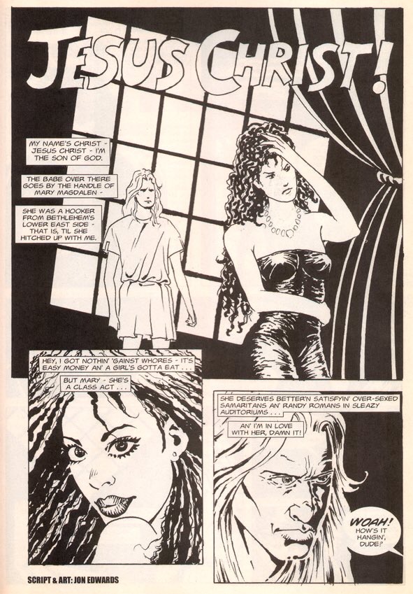 A few years ago now, Frank Miller announced his next book would be the Life of Christ, prompting Jon Edwards to write and drew a parody in his style, which was lettered and published by Ex-Marvel UK Editor in Chief Dez Skinn in his publication, Comics International
