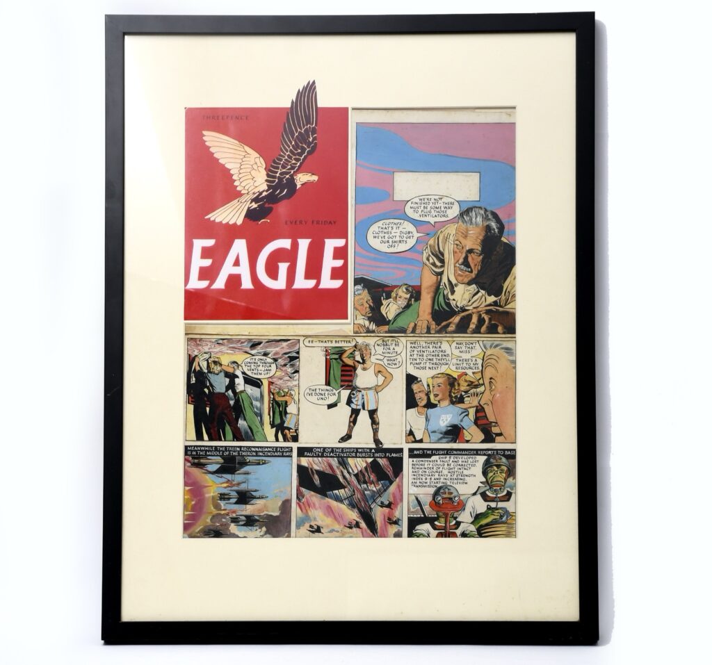 Art credited to Frank Hampson (1918-1985) for the first “Dan Dare” story for EAGLE, generally known as “Voyage to Venus”. Gouache on board original front cover artwork for Dan Dare in the Eagle volume 1 episode 50, cover dated 22nd March 1951, with modern Eagle banner, framed