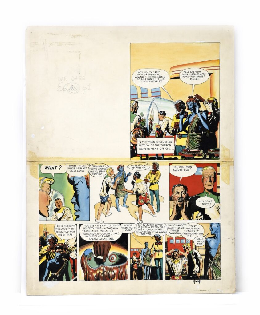 Art credited to Frank Hampson (1918-1985) for the first “Dan Dare” story for EAGLE, generally known as “Voyage to Venus”. “Now for the rest of your disguise”, gouache on board original front cover artwork for Dan Dare in the Eagle volume 1 episode 40, unsigned, annotated 1/40/1 bottom right, 54 x 41cm (sheet)