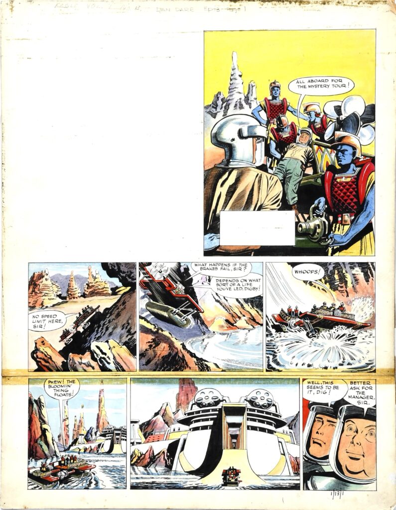 Art credited to Frank Hampson (1918-1985) for the first “Dan Dare” story for EAGLE, generally known as “Voyage to Venus”, 1951. “All aboard the mystery tour”, gouache on board original front cover artwork for Dan Dare in the Eagle volume 1 episode 13, unsigned, annotated 1/13/1 bottom right, and top border. 53 x 41cm (sheet)