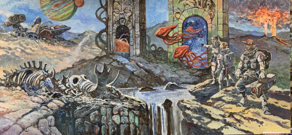 Nine foot long mural art by Alan Langford for a 2026 charitable event at Furzey Gardens, Minstead in the New Forest.