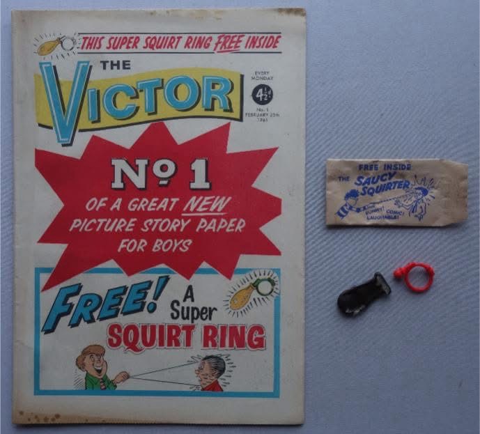 Victor No. 1 cover dated 25th February 1961 With Free Gift – Beano Dennis the Menace Squirt Ring (Rare)