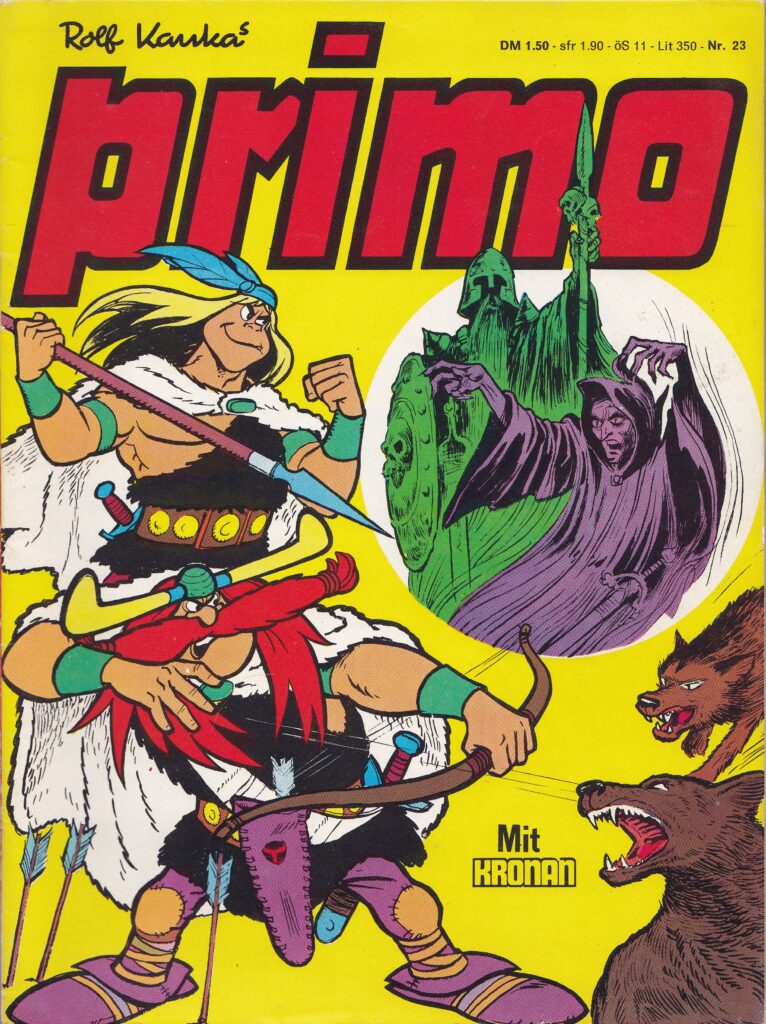 Cover of the comic 'Primo' featuring a muscular warrior wielding a weapon, surrounded by images of ominous figures in cloaks, a wolf, and vibrant graphics. The background is bright yellow with the title 'Primo' prominently displayed.