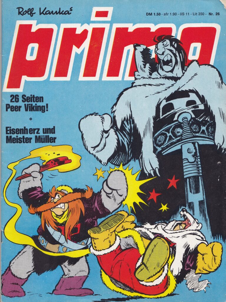 Vintage comic book cover featuring cartoon characters in a whimsical fight, with one character wielding a paintbrush and another showing surprise. The title 'prima' is prominently displayed in bold red letters.