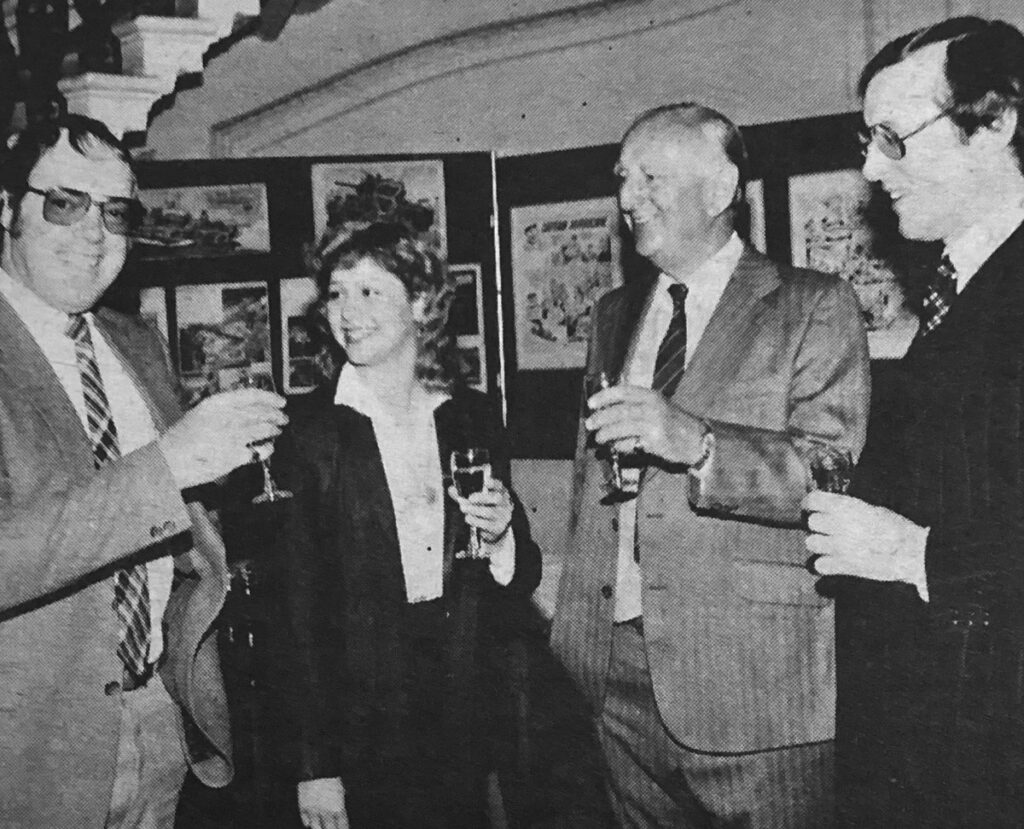 While editing, Barrie Tomlinson once  organised an exhibition in London in  featuring original comics artwork (date unknown, probably the 1980s, can anyone help?).  Barrie is on the right here with three guests: artist David Sque, Suzanne Dando and cricket commentator Brian Johnston