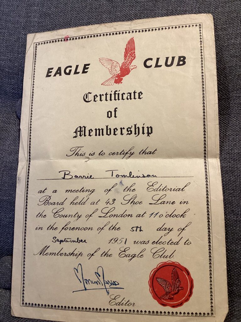 Barrie Tomlinson's original Eagle Club Membership Certificate, dated 1951. "I was about 13 when I received this," he recalled on X. "It was signed by the editor!  I was a regular reader of Eagle. It was an honour to relaunch it in 1982."