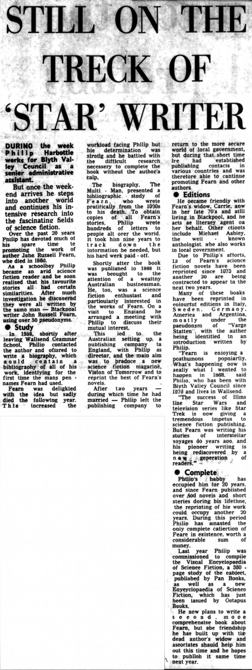 Blyth News reports on Phil Harbottle’s research into the life of work of John Russell Fearn, this article published on Thursday 21st December 1978