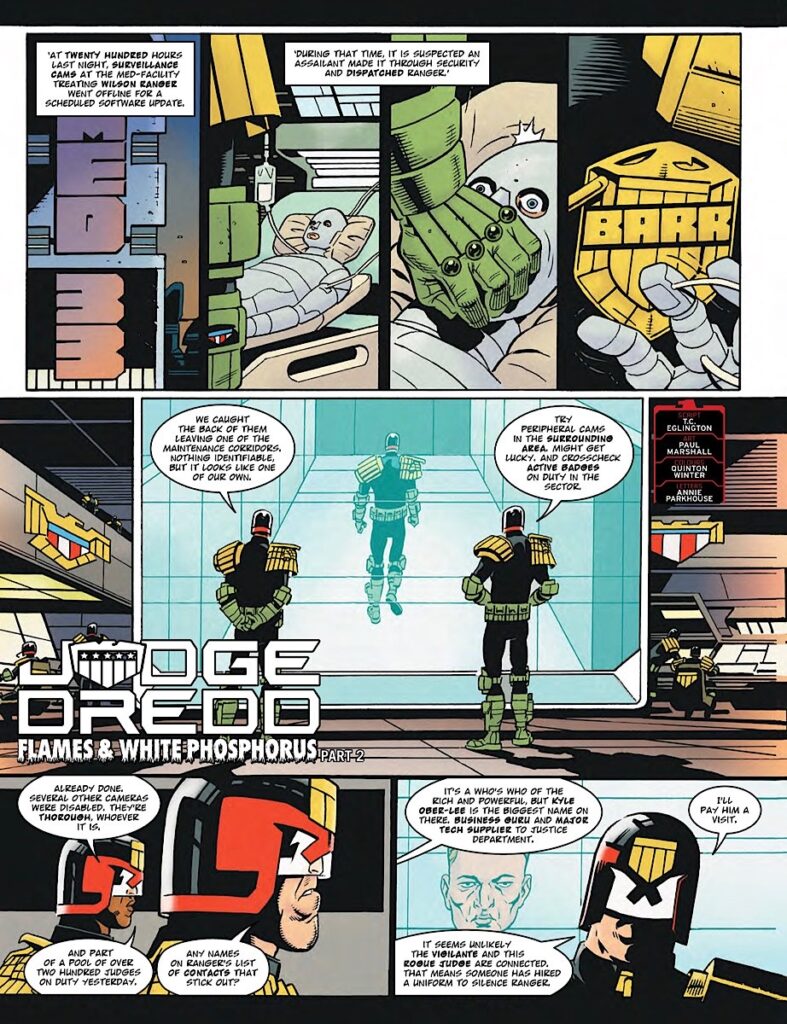 2000AD Prog 2477 - JUDGE DREDD // FLAMES AND WHITE PHOSPHOROUS
By TC Eglington (Writer) Paul Marshall (Artist) Quinton Winter (Colourist) Annie Parkhouse (Letterer)