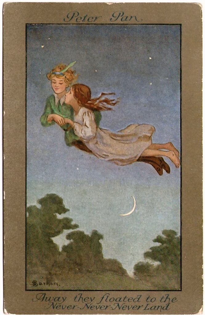 Peter Pan and Wendy fly to Neverland, postcard by Sybil Barham for CW Faulkner, circa 1911