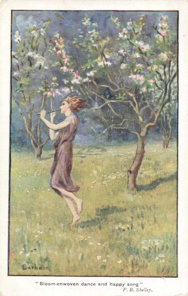 “Bloom enwoven dance and happy song” - Postcard by Sybil Barham (1925)