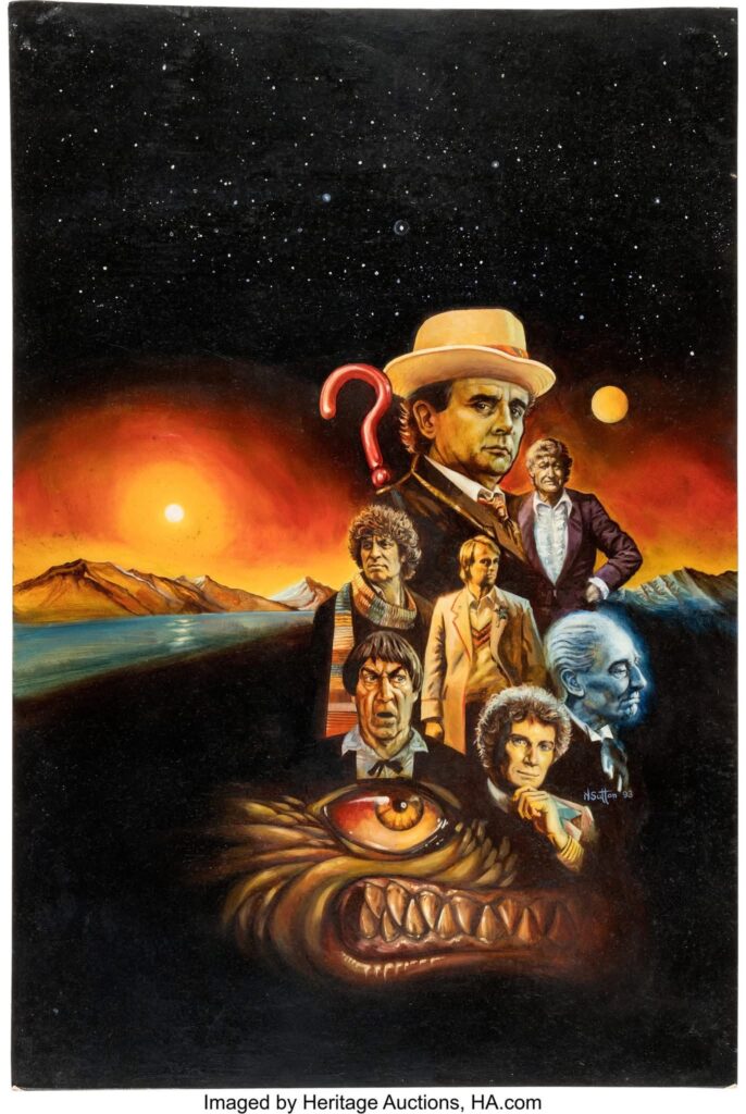 Neal Sutton’s Doctor Who Classics Comics Issue 14 Cover Painting Original Art (Marvel UK, 1993). The full early lineage of the Doctor, united in one frame. Sylvester McCoy lifts his question mark umbrella as William Hartnell, Patrick Troughton, Jon Pertwee, Tom Baker, Peter Davison, and Colin Baker stand with him in a composite portrait of the first seven Doctors for the cover of the reprint anthology. Painted in oil on board with an edge-to-edge image area of 20.25" x 30.25". Signed and dated in the image area. In Excellent condition.