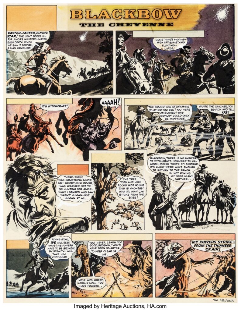 Frank Humphris Eagle Comic Vol. 6 #28 Blackbow The Cheyenne Eagle Story Page 28 Original Art (Eagle Comic, 1955). A tense frontier confrontation unfolds beneath a darkened sky, as accusations of witchcraft ignite fear and violence. Riders charge, flames flare, and suspicion turns to chaos. A dramatic Western scene brimming with atmosphere and raw intensity. Ink, white paint, and watercolor on Bristol board with an image area of 14.5" x 18.25". Top left corner wear. Production layout registration marks in the margins. General handling. In Good condition.