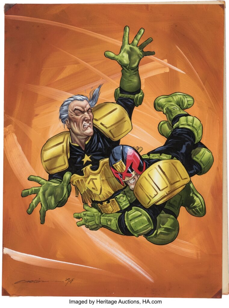 Mick Austin 2000AD Prog 882 Cover Original Art (Fleetway Editions, 1994). This magnificent, richly colored cover illustrates a dynamic confrontation between Judge Dredd and Chief Judge Hilda Margaret McGruder, with the artist vividly capturing the fluid movement and energy of the figures. McGruder holds a significant place in Judge Dredd history as the first female Chief Judge of Mega-City One. Gouache on Bristol board with an image area of 15" x 19.75". Light waviness to the sheet. Protective sheet in the front and thick board is affixed to the reverse. Signed. Dated. In Very Good condition.