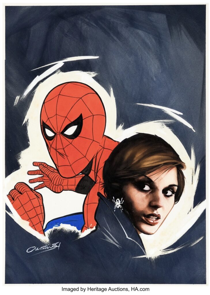 Mick Austin - Spider-Man and the Black Widow Illustration Original Art (c. 1984). A cartoon version of Spider-Man and his iconic mask, with a portrait of Natasha Romanoff beside him. Mixed media on thick Bristol board with an image area of 13" x 18". A sheet of acetate taped to the back covers the original. Toned. Edges show general handling wear. Signed. In Very Good condition.