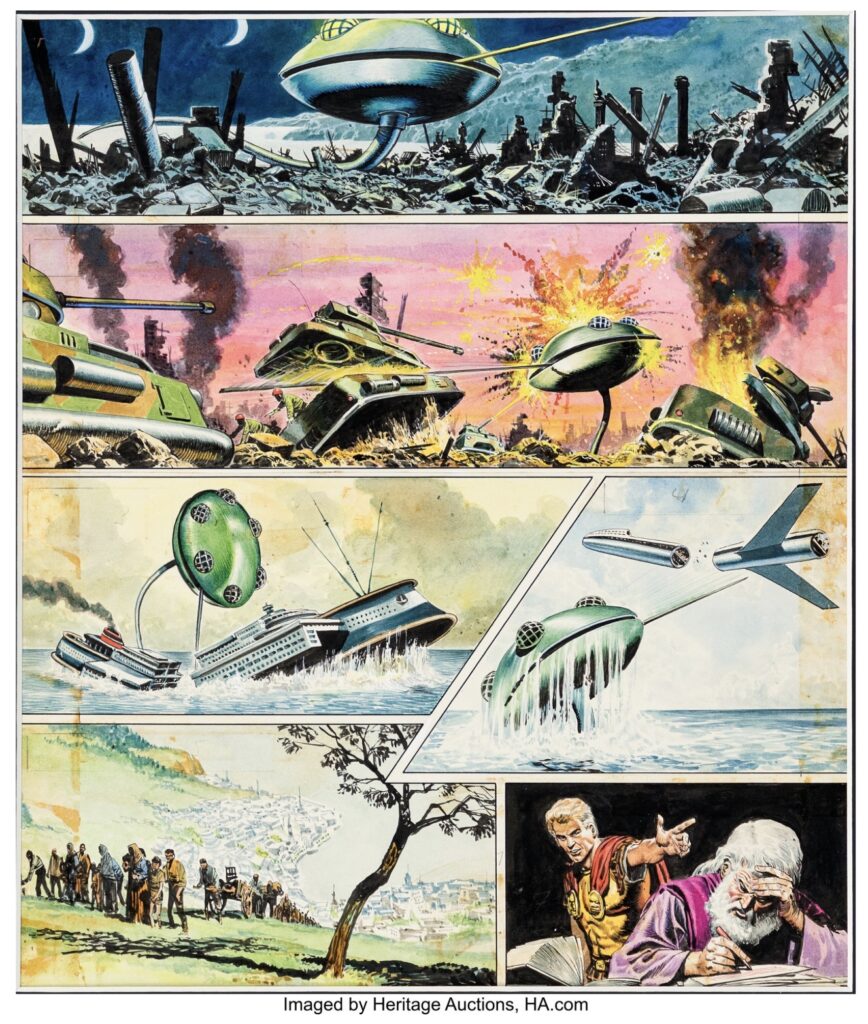 Don Lawrence The Trigan Empire, The Puppet Emperor Story Page 97 Original Art (Look and Learn/Fleetway, 1970). A mysterious metallic war-machine advances relentlessly across a devastated landscape-seemingly unstoppable-leaving ruin and chaos in its wake. As destruction looms, Trigo orders his greatest scientist to deploy every resource to halt the looming catastrophe. Lawrence's luminous color, meticulous detail, and cinematic scope elevate the drama to operatic scale. Ink and gouache on two art boards with an image area of 13.25" x 15.5". Glue residue staining. Minor handling. Matted. In Very Good condition.