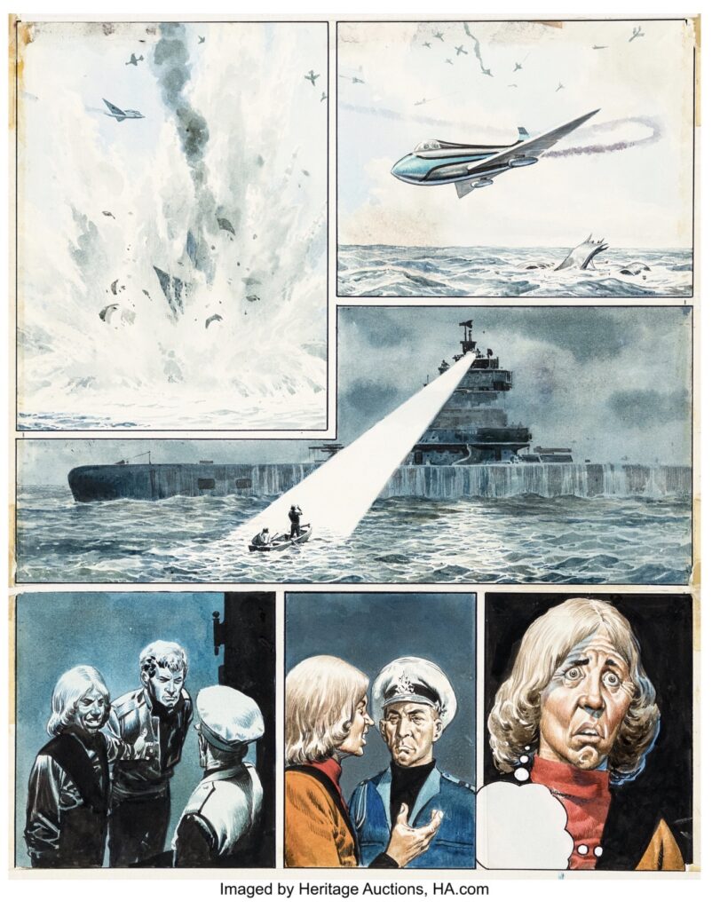 Don Lawrence The Trigan Empire Story Page 90 Original Art (Look and Learn/Fleetway, 1971). One immediately recognizes Don Lawrence's distinctive style, particularly in his masterful use of color and light. His nuanced handling of tonal variations and illumination brings a unique intensity to each scene, enhancing both atmosphere and dramatic impact. Ink and markers on tick board with an image area of 12.75" x 16". Composed of two panels. Adhesive residue and yellowing along the edges. Two white adhesives are affixed below the logo and at the bottom of the page. A protective sheet is affixed over the top. In Good condition.