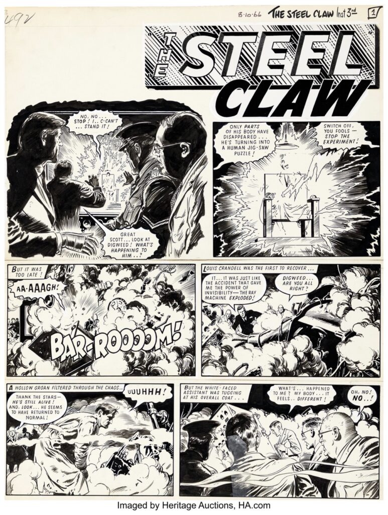 Jesus Blasco The Steel Claw Title Page Original Art (Valiant, 1966). This title page depicting the laboratory accident that changes Louis Crandell's fate. The moment the experiment goes wrong is rendered with sharp contrasts and energetic linework, conveying the sudden violence of the blast. A striking opening image that sets the tone for the story's blend of science and danger. Ink on Bristol board with an image area of 15.25" x 19.5". The board is divided into three sections, joined on the reverse with tape. The logo panel is a printed paste-up. Editorial notes in the upper margin. Light toning in the margins. Whiteout corrections. Glue residue staining. In Very Good condition.