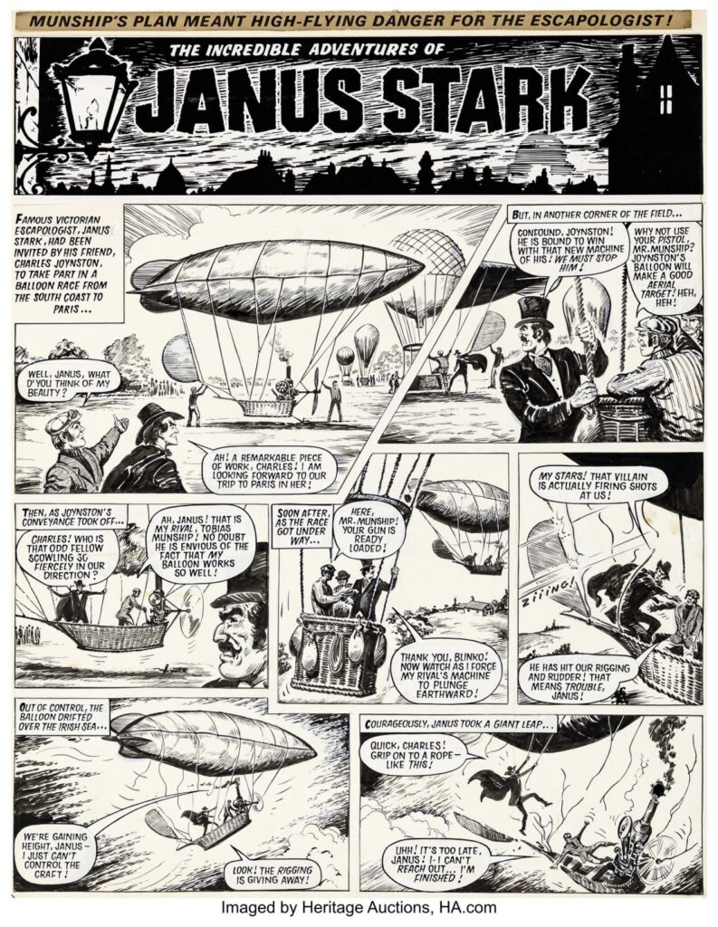 Francisco Solano Lopez The Incredible Adventure of Janus Stark Title Page Original Art (International Publishing Corporation, undated). Here is another thrilling Janus Stark adventure, in which his hot-air balloon journey takes a dangerous turn when a jealous rival sabotages the flight, transforming a grand spectacle into a perilous ordeal. Ink on Bristol board with an image area of 15.25" x 19". Affixed to a larger tick board. The logo panel is a printed paste-up. Whiteout corrections. Small tear at the lower left corner. Handling wear. In Very Good condition.