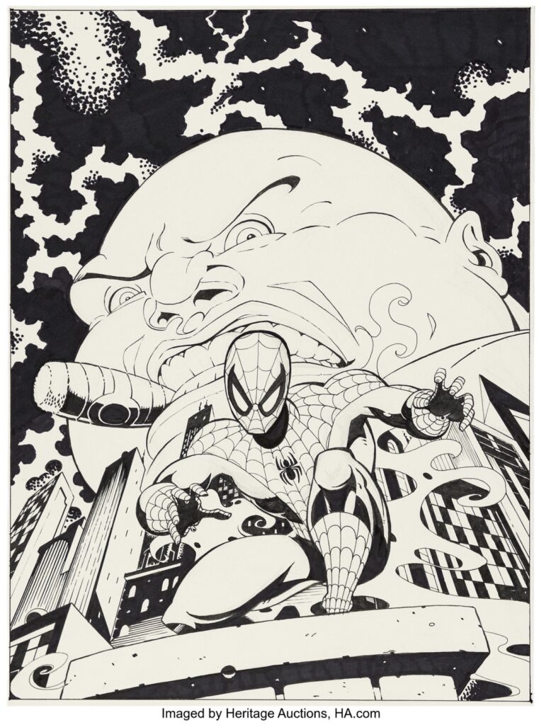 Richard Elson Spectacular Spider-Man Adventures #7 Cover Original Art (Marvel UK, 1995). Spider-Man is on patrol on the rooftops of a city under the watchful eye of Kingpin on this cover to the British Spidey series. Crafted in ink on Bristol board with an image area of 11.5" x 15.5". In Excellent condition.