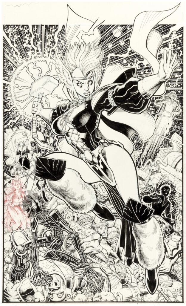 Arthur Adams Arthur Adams 2025 Sketchbook "Asgardian Wars" Storm and the New Mutants Portfolio Plate Illustration Original Art (Essential Sequential, 2025). Storm swings the mighty Stormcaster and becomes the true Goddess of Thunder, much to the surprise of the New Mutants! Arthur Adams revisits his uncanny mutant debut in X-Men Annual #9, part of the "Asgardian Wars" crossover, with this incredibly detailed piece that also features Cannonball, Magik, Sunspot, Wolfsbane, Warlock, and Dani Moonstar battling an army of rock trolls. Crafted in ink and white paint over graphite and blue pencil on Bristol board with a giant-size image area of 13.5" x 20.75". The piece exhibits light handling wear and marginal notes. Signed and dated by Adams. In Excellent condition.