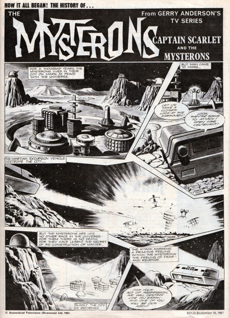 Solo No. 31, cover dated 16th September 1967: “The Mysterons”, writer unknown art by Don Harley. Image via Lew Stringer 