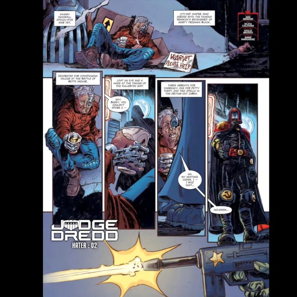 Judge Dredd Hater" Part Two art by Silvia Califano for 2000AD Prog 2404