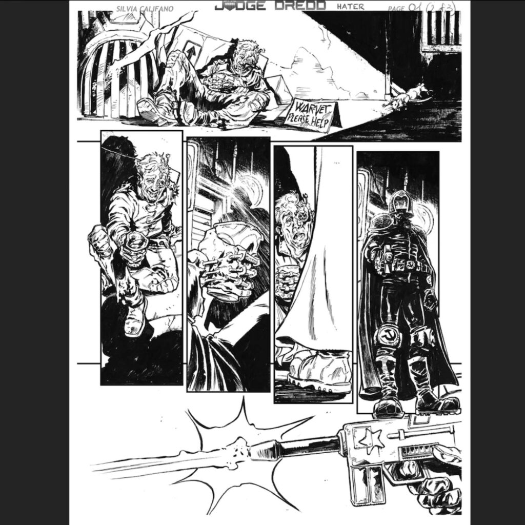 Judge Dredd Hater" Part Two art by Silvia Califano for 2000AD Prog 2404