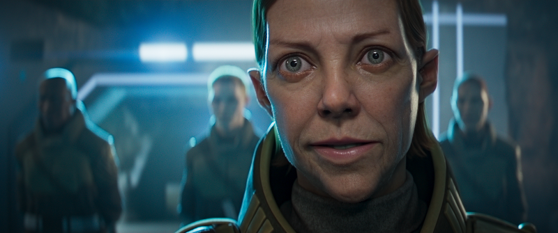 Rogue Trooper (2026): Colonel Logan (Diane Morgan) addresses Milli-Sat
