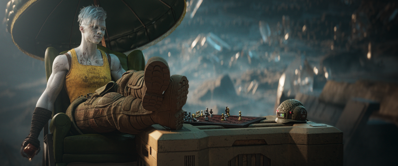 Rogue Trooper (2026): Venus Bluegenes (Hayley Atwell) plays chess against Helm (Daryl McCormack)

