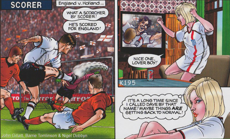 "It was brilliant to write and produce the Scorer strip in the Daily Mirror, six days a week for 22 years," Barrie Tomlinson noted back in 2023, presenting this print of one instalment on X. Artwork from John Gillatt, with great colouring from Nigel Dobbyn. Ulrika became even more popular than Dave Storry