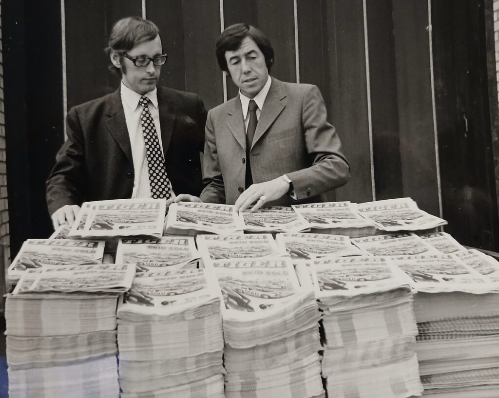 Barrie Tomlinson and goalkeeper Gordon Banks checking copies of Tiger, just after they had been printed at the printing works in Carlisle. "It was a serious business!  Gordon wrote for Tiger every week and always took a keen interest in the title and its readers," Barrie noted last year. "He always took a great interest in his articles and we regularly discussed the contents. He would make notes and always used the same journalist to complete the articles."
