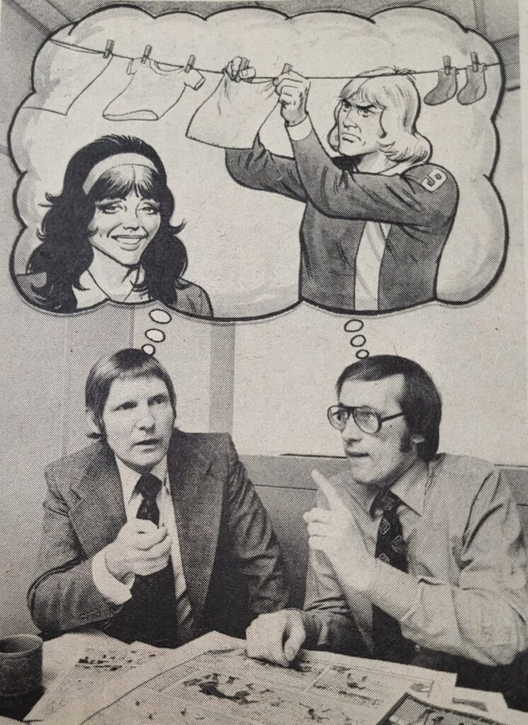 Roy of the Rovers writer Tom Tully and Barrie Tomlinson planning the forthcoming ROTR storyline, photographed for  IPC News. When the picture ran, the inhouse magazine's caption suggested the pair were talking about Roy becoming a dad and added picture to illustrate that!
