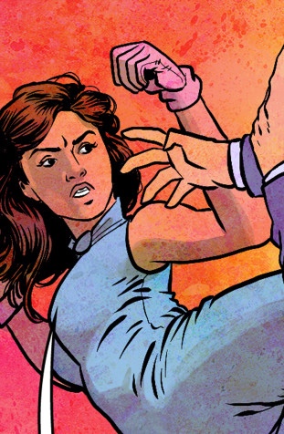 A strong female character in a blue dress demonstrating martial arts with a fierce expression, as she deflects an attack.