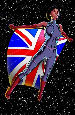 A superhero character wearing a sleek grey suit and red boots, flying through space with a British flag cape against a starry background.