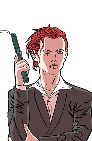 An illustrated character with striking red hair, dressed in a black suit and white shirt, holding a device in one hand and looking confidently at the viewer.