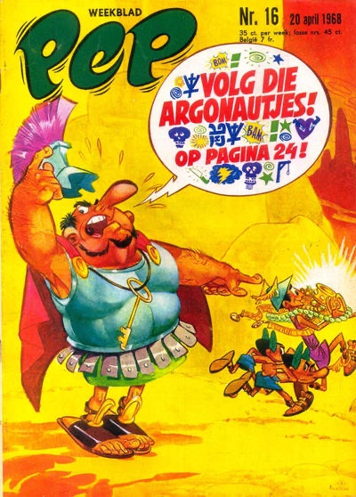 A vibrant comic book cover featuring a muscular character in ancient Greek attire, joyfully raising a fist. The title 'POP' is prominent at the top, and there is a speech bubble that reads 'VOLG DIE ARGONAUTJES! OP PAGINA 24!', alongside colourful graphics and symbols.