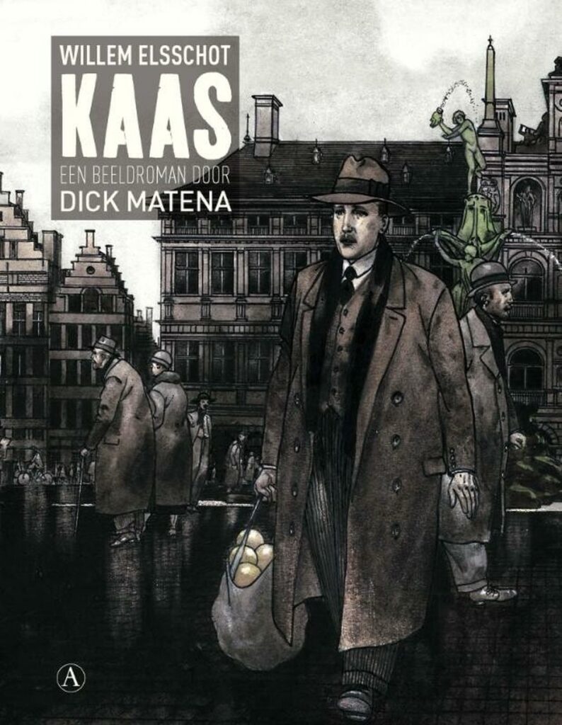 Cover illustration of 'Kaas' by Willem Elsschot, featuring a man in a coat holding a bag of oranges, set in a cityscape with historic buildings and pedestrians.
