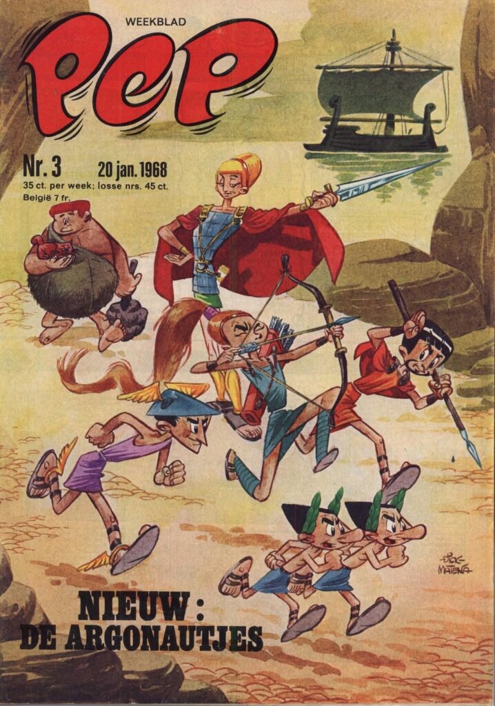 Comic magazine cover featuring a group of cartoon characters in a playful scene, showcasing vibrant colours and exaggerated features, with a ship in the background.