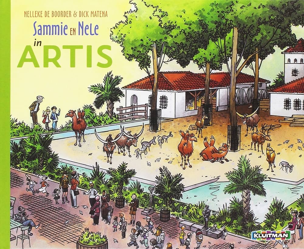 Illustration of a busy zoo scene with various animals, including camels, goats, and birds, set in a vibrant environment with trees and buildings. Children and adults are seen observing and interacting with the animals.