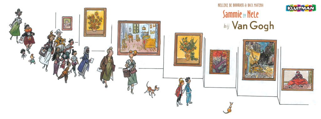 A colourful illustration depicting a group of characters walking through an art gallery, admiring various paintings, including works inspired by Van Gogh.