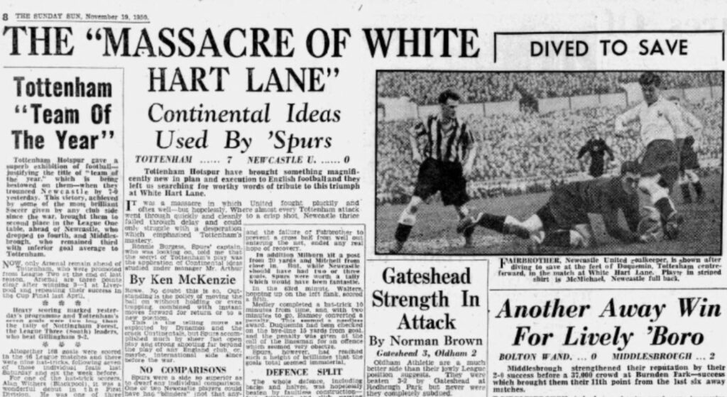 A young Barrie Mitchell is somewhere in the crowd at this memorable Tottenham Hotspur match on 18th November 1950, when they beat Newcastle United 7-0