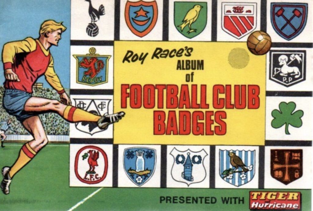 Roy’s Album of Football Club Badges, presented with Tiger in 1965, just before, as a sub editor, Barrie switched from Lion to Tiger as sub editor. Roy drawn by Joe Colquhoun